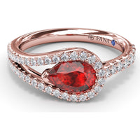 East-West Pear Ruby Ring with Split Shank Diamond Halo by Fana - 1.22 Carat Total Gemstone Weight