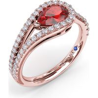 East-West Pear Ruby Ring with Split Shank Diamond Halo by Fana - 1.22 Carat Total Gemstone Weight