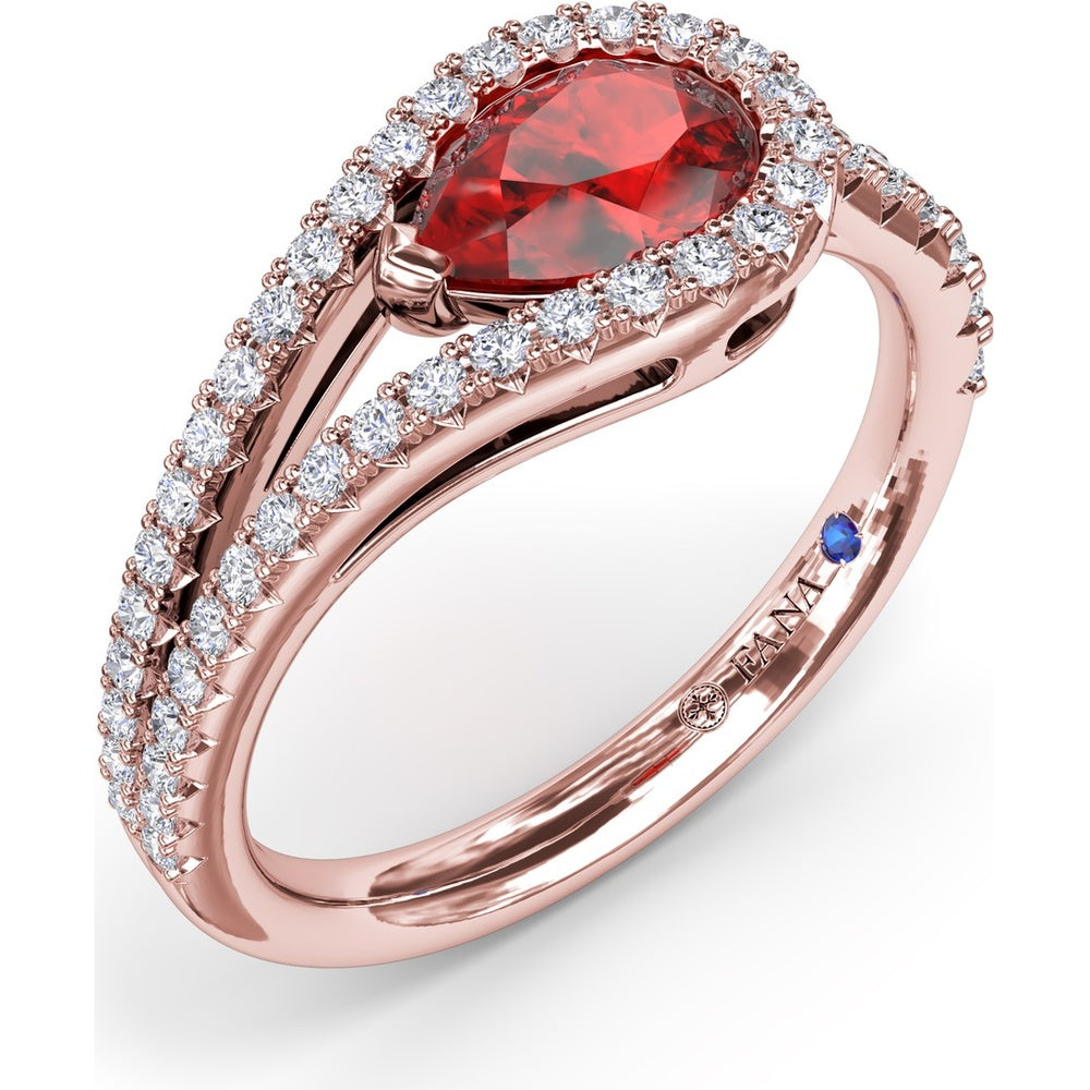 East-West Pear Ruby Ring with Split Shank Diamond Halo by Fana - 1.22 Carat Total Gemstone Weight