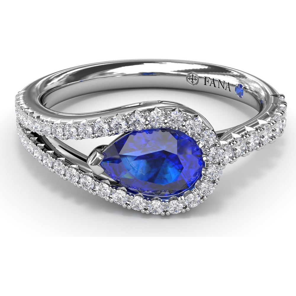 East-West Pear Sapphire Wrap Ring with Split Shank Diamond Halo by Fana - 1.17 Carat Total Gemstone Weight
