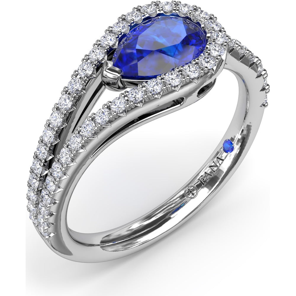 East-West Pear Sapphire Wrap Ring with Split Shank Diamond Halo by Fana - 1.17 Carat Total Gemstone Weight