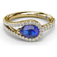 East-West Pear Sapphire Wrap Ring with Split Shank Diamond Halo by Fana - 1.17 Carat Total Gemstone Weight