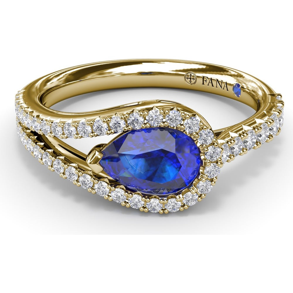 East-West Pear Sapphire Wrap Ring with Split Shank Diamond Halo by Fana - 1.17 Carat Total Gemstone Weight
