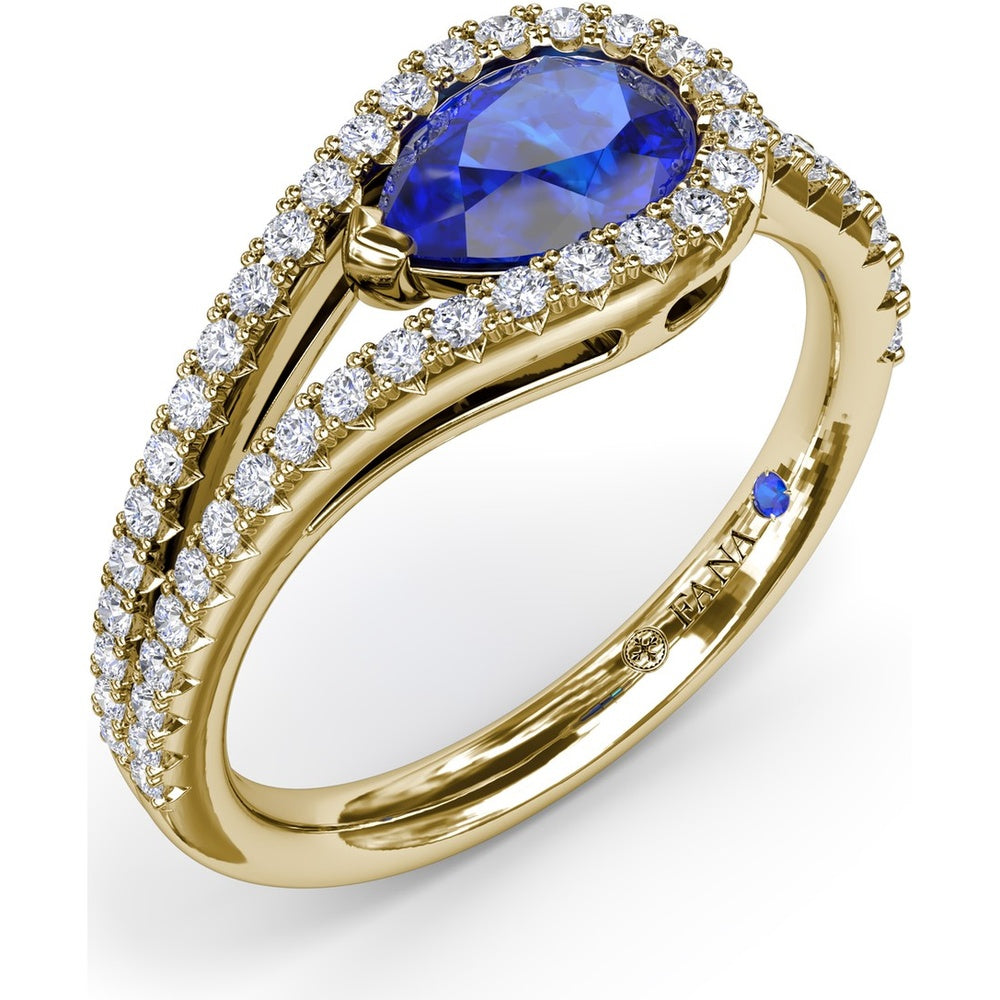 East-West Pear Sapphire Wrap Ring with Split Shank Diamond Halo by Fana - 1.17 Carat Total Gemstone Weight