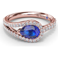 East-West Pear Sapphire Wrap Ring with Split Shank Diamond Halo by Fana - 1.17 Carat Total Gemstone Weight