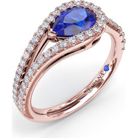 East-West Pear Sapphire Wrap Ring with Split Shank Diamond Halo by Fana - 1.17 Carat Total Gemstone Weight