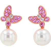 EFFY 14K Rose Gold Akoya Pearl Butterfly Drop Earrings with Prong-Set Pink Sapphires and Diamonds - 0.25 Carat Total Sapphire Weight and 0.05 Carat Total Diamond Weight