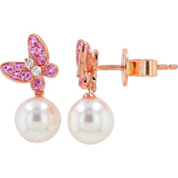 EFFY 14K Rose Gold Akoya Pearl Butterfly Drop Earrings with Prong-Set Pink Sapphires and Diamonds - 0.25 Carat Total Sapphire Weight and 0.05 Carat Total Diamond Weight