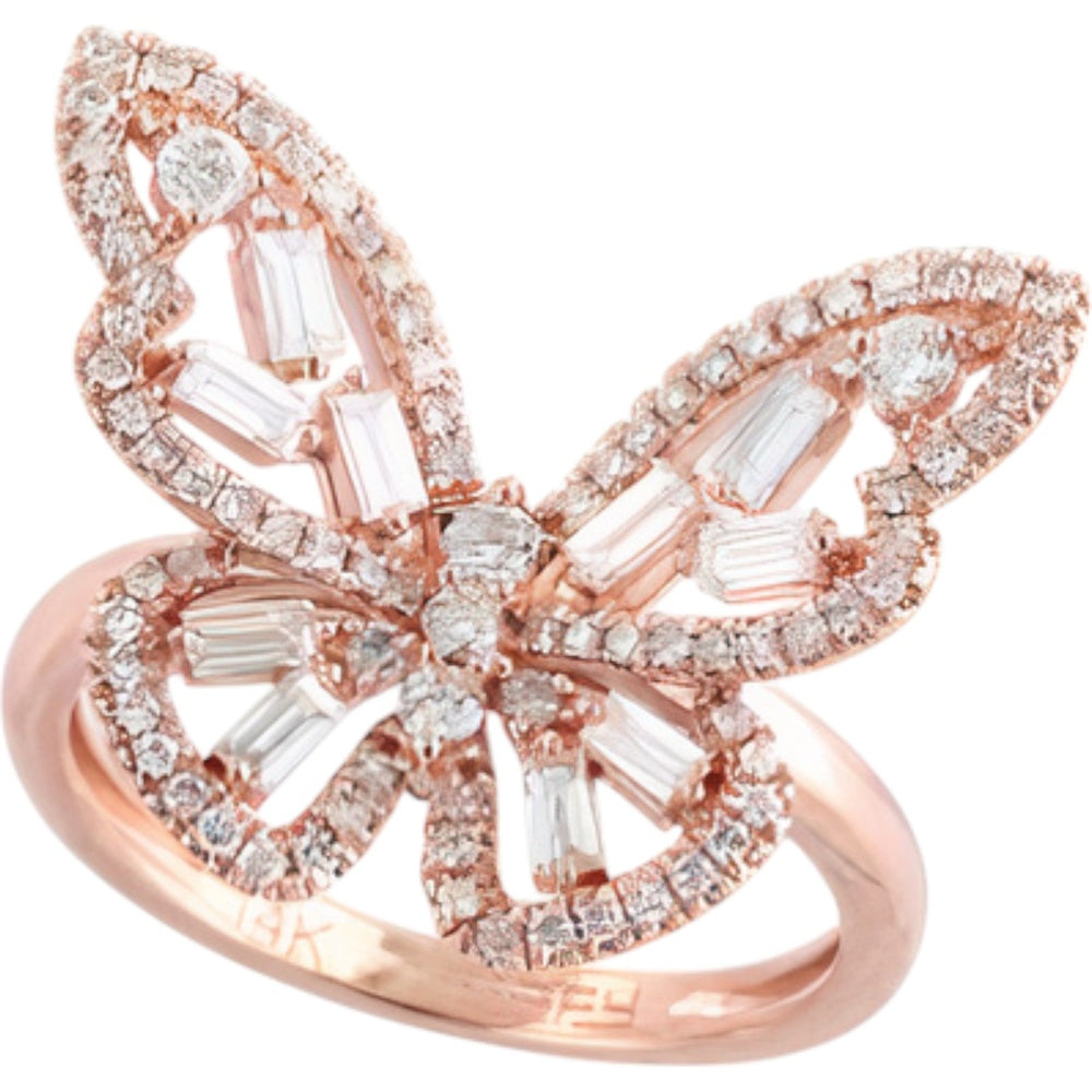 EFFY 14K Rose Gold Butterfly Ring with Mixed Round and Baguette Diamonds - 0.81 Carat Total Diamond Weight