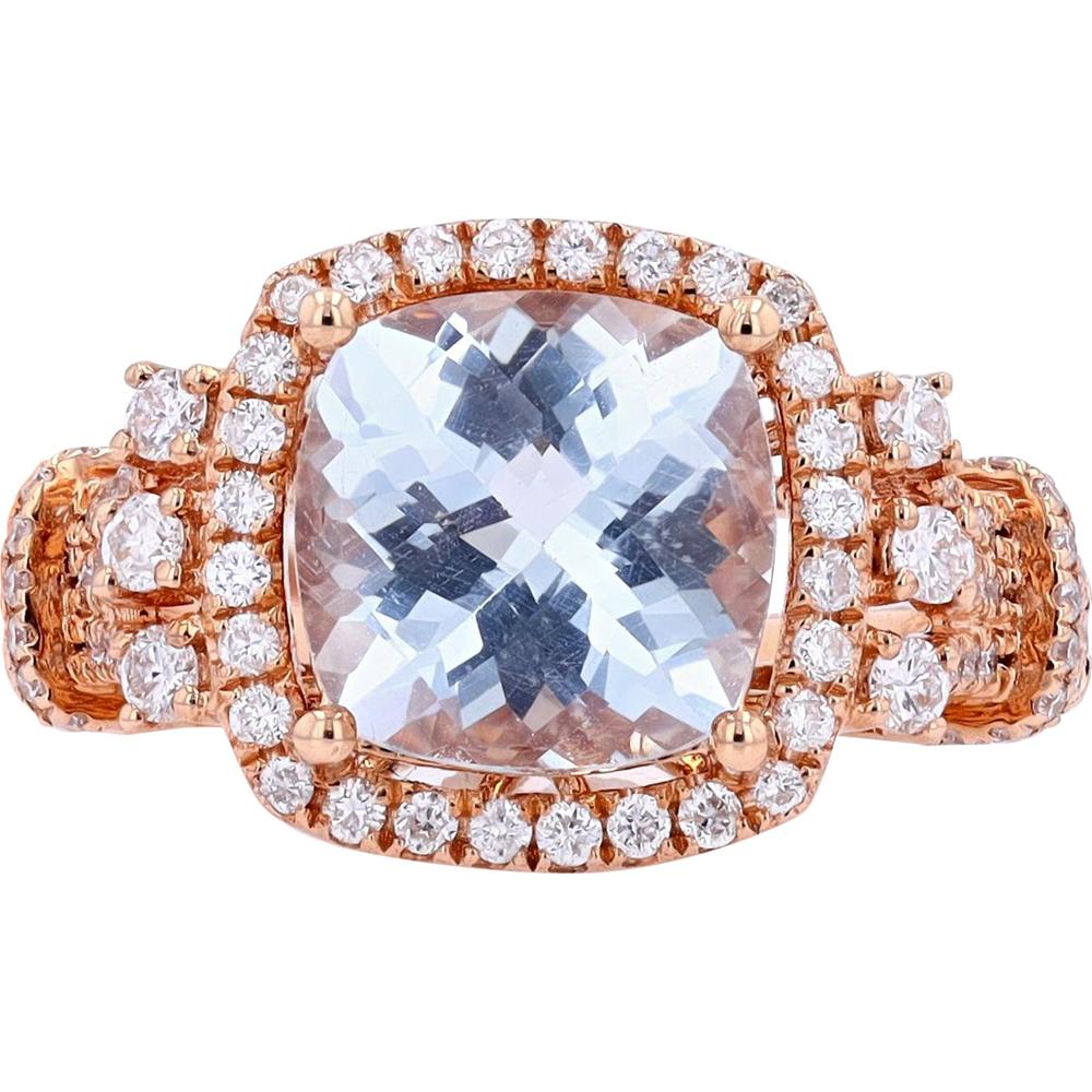 EFFY 14K Rose Gold Cushion - Cut Aquamarine Halo Ring with Round Diamonds - 2.70 Carat Aquamarine & 0.69 Carat Total Diamond Weight