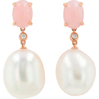 EFFY 14K Rose Gold Drop Earrings with Oval Pink Opal and Lustrous White Pearls - 1.40 Carat Total Gemstone Weight