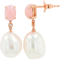 EFFY 14K Rose Gold Drop Earrings with Oval Pink Opal and Lustrous White Pearls - 1.40 Carat Total Gemstone Weight