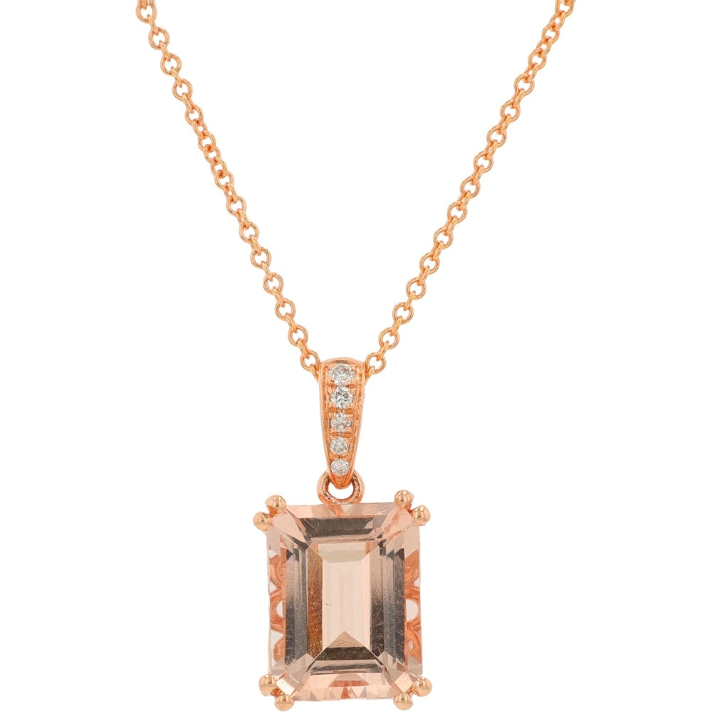 EFFY 14K Rose Gold Emerald Cut Morganite Pendant Necklace with Diamond Pavé Bale - 2.60 Carat Morganite and 0.03 Carat Total Diamond Weight