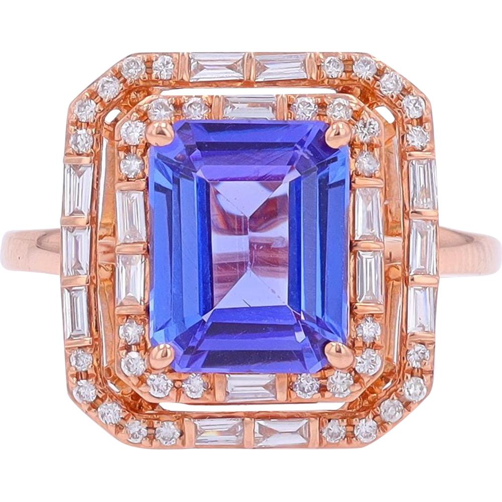 EFFY 14K Rose Gold Emerald - Cut Tanzanite Geometric Double Halo Ring with Baguette and Round Diamonds - 2.91 Carat Tanzanite and 0.60 Carat Total Diamond Weight