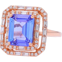 EFFY 14K Rose Gold Emerald - Cut Tanzanite Geometric Double Halo Ring with Baguette and Round Diamonds - 2.91 Carat Tanzanite and 0.60 Carat Total Diamond Weight