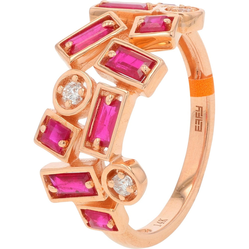 EFFY 14K Rose Gold Free-Form Ring with Baguette Rubies and Round Diamonds - 0.98 Carat Total Ruby Weight and 0.09 Carat Total Diamond Weight