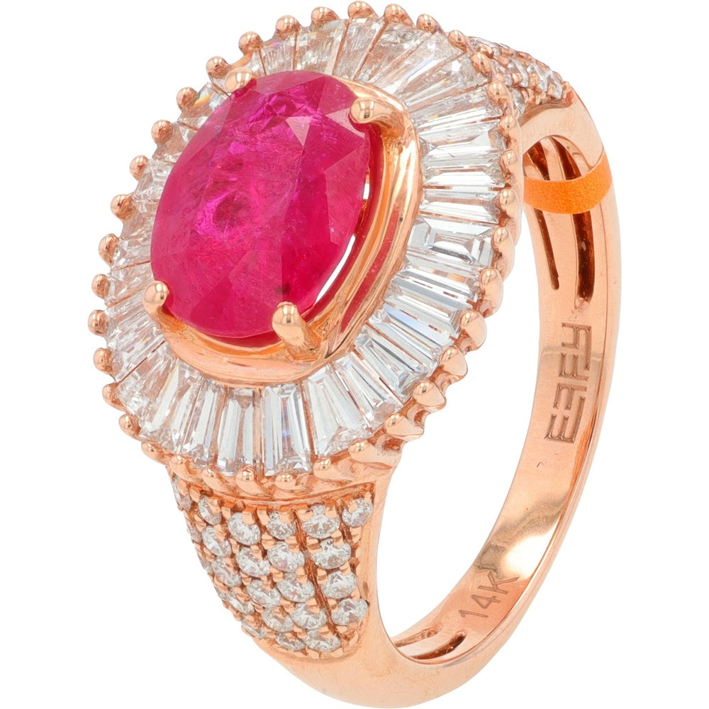 EFFY 14K Rose Gold Halo Ring with Oval Ruby and Baguette Diamond Accents - 1.90 Carat Ruby and 1.01 Carat Total Diamond Weight