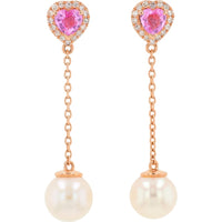 EFFY 14K Rose Gold Heart-Shaped Pink Sapphire Halo Drop Earrings with Cultured Pearl Dangles and 0.14 Carat Total Diamond Weight