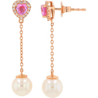 EFFY 14K Rose Gold Heart-Shaped Pink Sapphire Halo Drop Earrings with Cultured Pearl Dangles and 0.14 Carat Total Diamond Weight