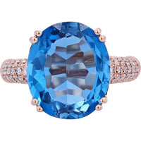 EFFY 14K Rose Gold Oval London Blue Topaz Statement Ring with Pavé Diamond Band - 9.20 Carat Topaz and 0.23 Carat Total Diamond Weight