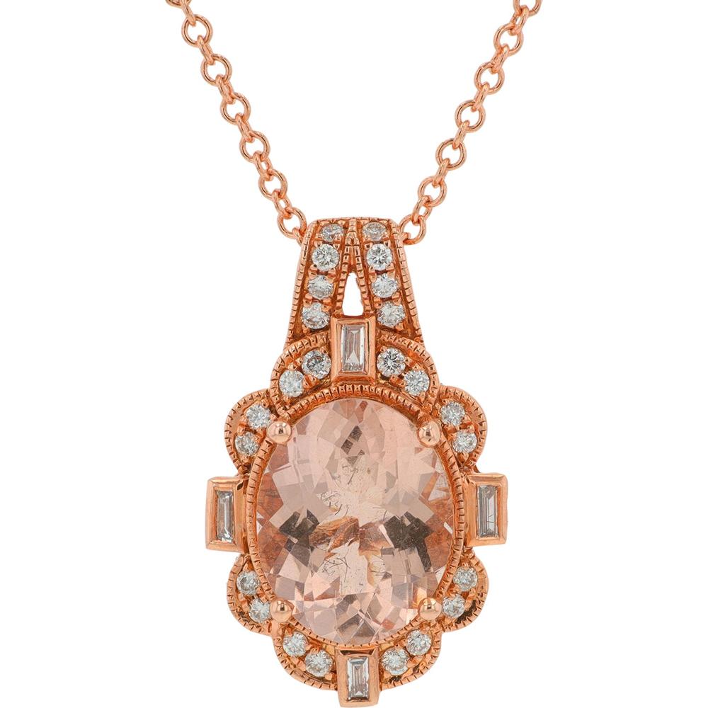 EFFY 14K Rose Gold Oval Morganite Halo Pendant with Milgrain and Baguette Diamond Accents - 2.35 Carat Morganite & 0.18 Carat Total Diamond Weight