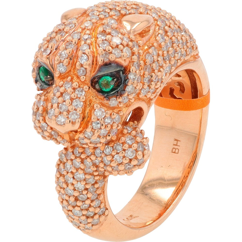 EFFY 14K Rose Gold Panther Head Ring with Pavé Set Round Diamonds and Emerald Eyes - 1.65 Carat Total Diamond Weight and 0.04 Carat Total Emerald Weight