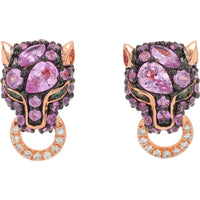 EFFY 14K Rose Gold Panther Stud Earrings with Teardrop Pink Sapphires and Emerald Eyes - 1.31 Carat Total Gem Weight and 0.05 Carat Diamond Hoops