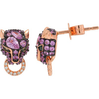 EFFY 14K Rose Gold Panther Stud Earrings with Teardrop Pink Sapphires and Emerald Eyes - 1.31 Carat Total Gem Weight and 0.05 Carat Diamond Hoops