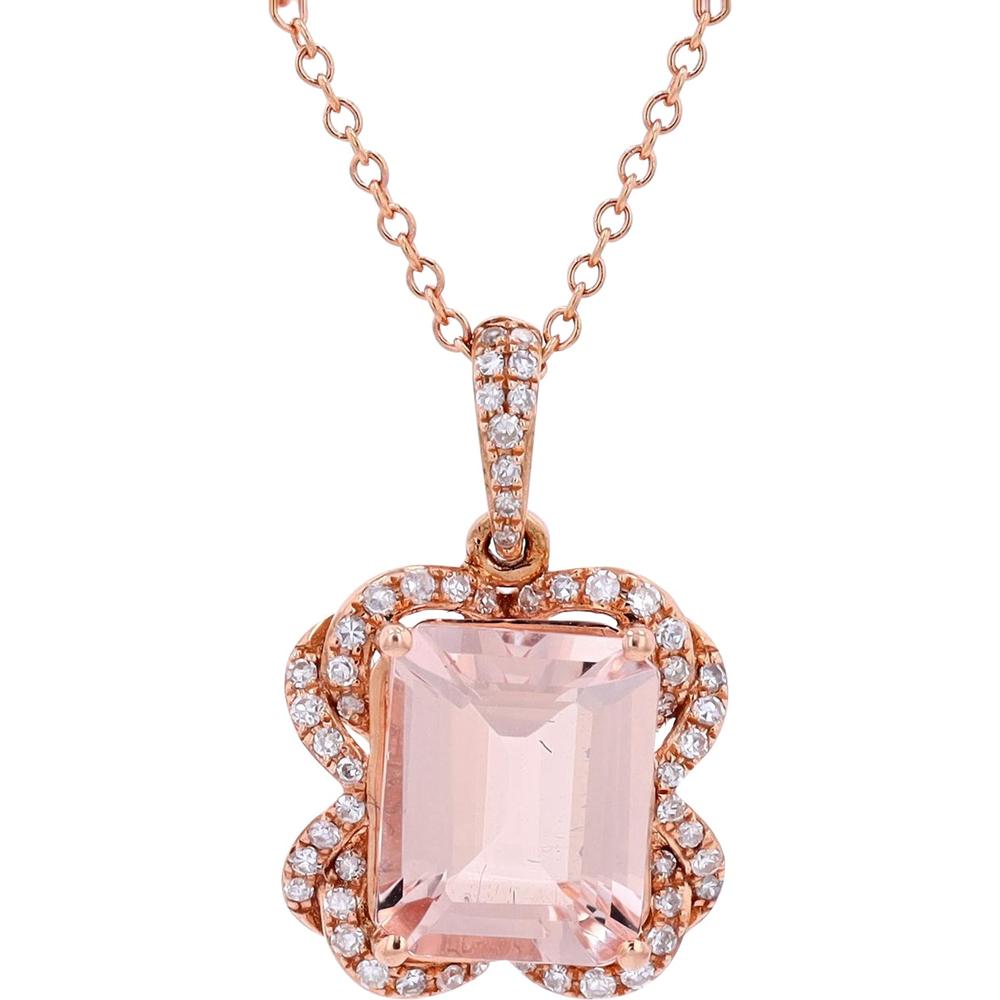 EFFY 14K Rose Gold Pendant Necklace with Emerald - Cut Morganite and Scalloped Diamond Halo - 2.60 Carat Total Morganite Weight, 0.20 Carat Total Diamond Weight
