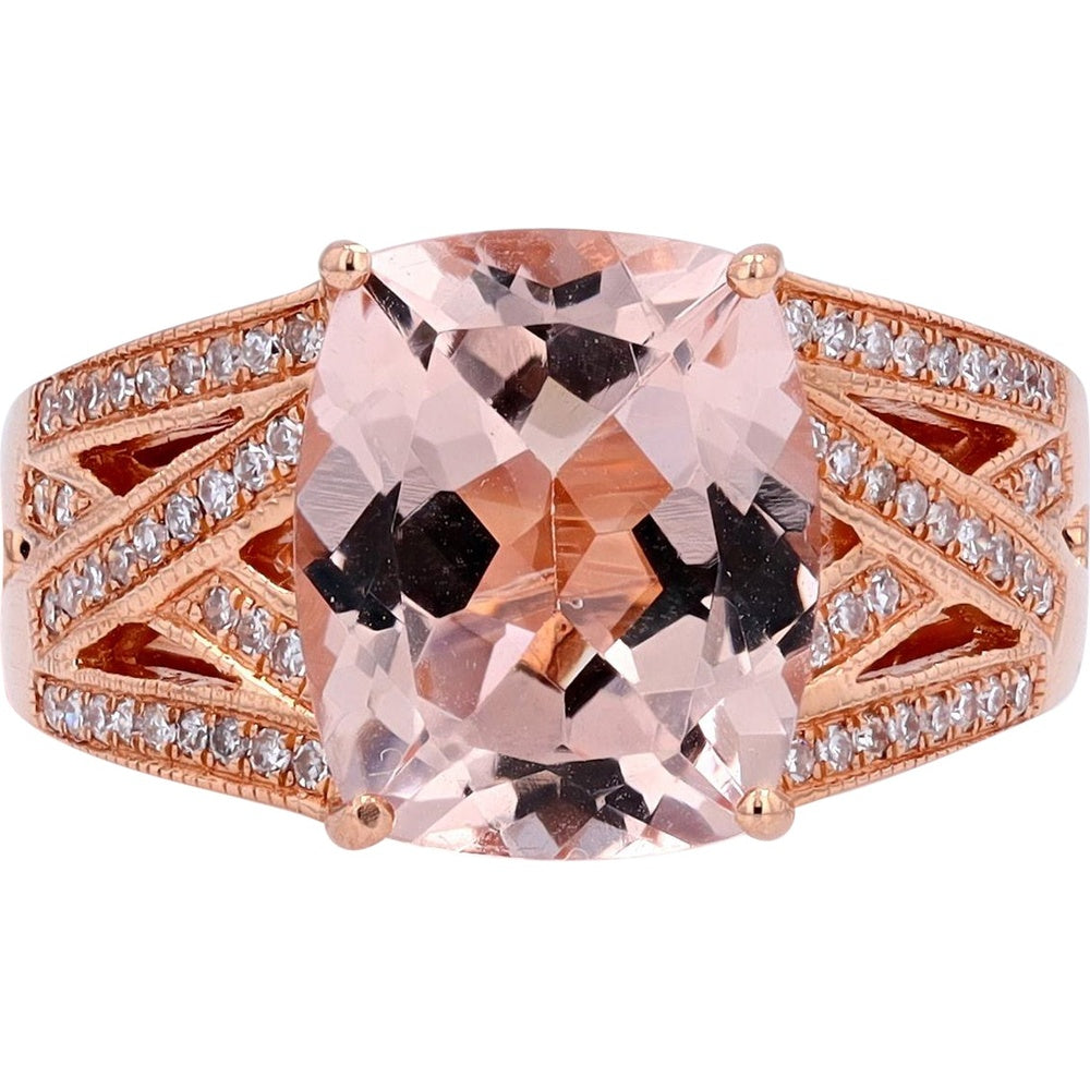 EFFY 14K Rose Gold Split-Shank Ring with Cushion Cut Morganite and Diamond Accents - 4.51 Carat Morganite and 0.25 Carat Total Diamond Weight
