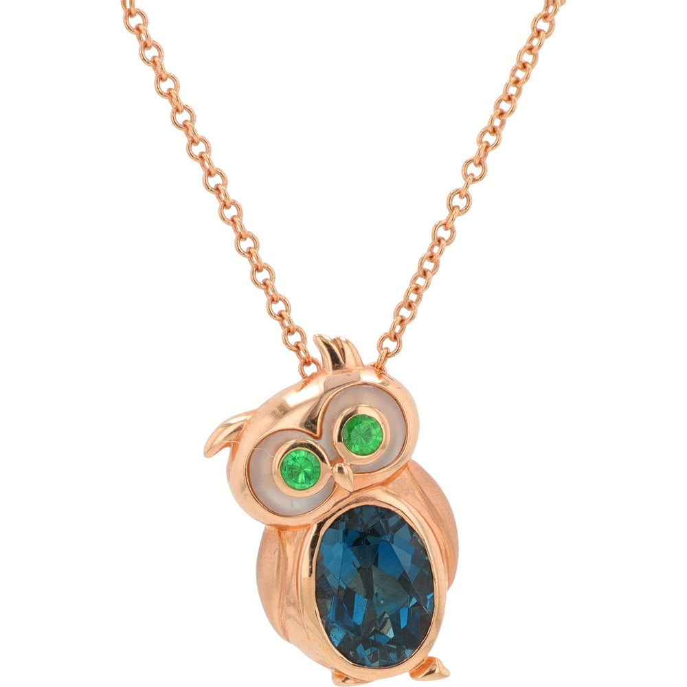 EFFY 14K Rose Gold Whimsical Owl Pendant with Oval London Blue Topaz, Mother of Pearl Accents and Round Tsavorite Eyes - 2.15 Carat Total Gem Weight