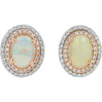 EFFY 14K Two-Tone Rose and White Gold Double Halo Stud Earrings with Oval Cabochon Opals and Pavé Set Diamonds - 1.10 Carat Total Opal Weight and 0.30 Carat Total Diamond Weight