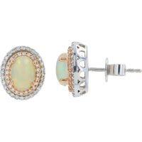 EFFY 14K Two-Tone Rose and White Gold Double Halo Stud Earrings with Oval Cabochon Opals and Pavé Set Diamonds - 1.10 Carat Total Opal Weight and 0.30 Carat Total Diamond Weight