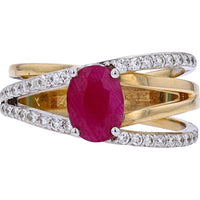 EFFY 14K Two-Tone Yellow & White Gold Bypass Ring with Prong - Set Oval Ruby and Pavé Diamond Accents - 1.42 Carat Total Ruby Weight, 0.35 Carat Total Diamond Weight