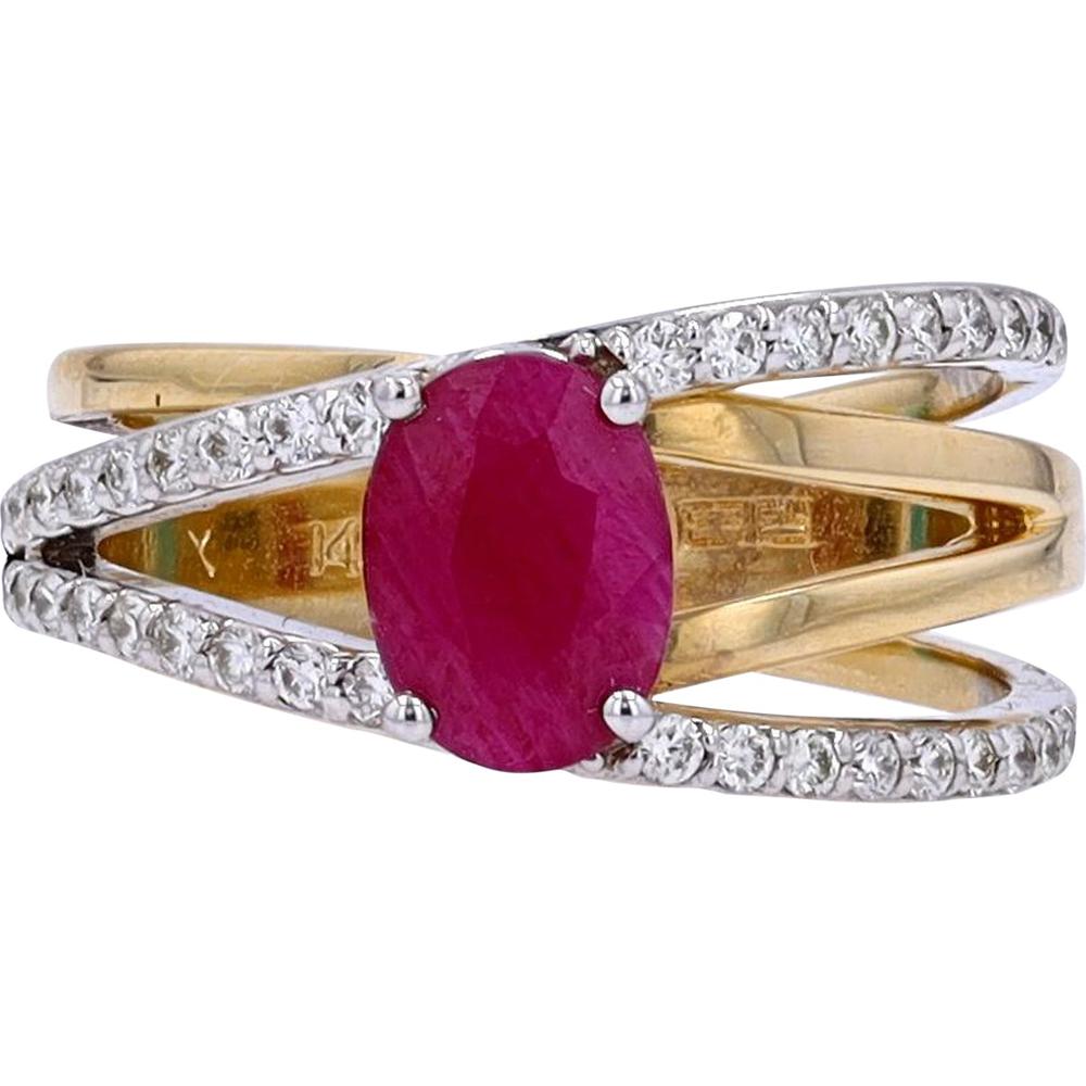 EFFY 14K Two-Tone Yellow & White Gold Bypass Ring with Prong - Set Oval Ruby and Pavé Diamond Accents - 1.42 Carat Total Ruby Weight, 0.35 Carat Total Diamond Weight