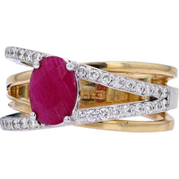 EFFY 14K Two-Tone Yellow & White Gold Bypass Ring with Prong - Set Oval Ruby and Pavé Diamond Accents - 1.42 Carat Total Ruby Weight, 0.35 Carat Total Diamond Weight
