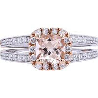 EFFY 14K White & Rose Gold Cushion - Cut Morganite Halo Ring with Pavé - Set Round Diamonds - 0.90 Carat Morganite Total Color Weight, 0.58 Carat Total Diamond Weight
