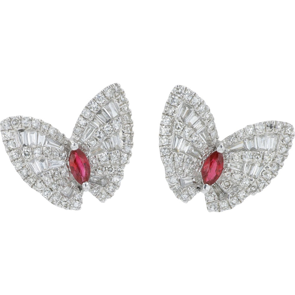 EFFY 14K White Gold Butterfly Stud Earrings with Pave Round and Baguette Diamonds and Marquise Rubies - 0.42 Carat Total Diamond Weight and 0.20 Carat Total Ruby Weight