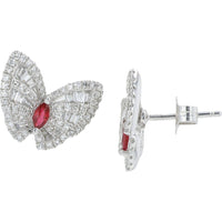 EFFY 14K White Gold Butterfly Stud Earrings with Pave Round and Baguette Diamonds and Marquise Rubies - 0.42 Carat Total Diamond Weight and 0.20 Carat Total Ruby Weight