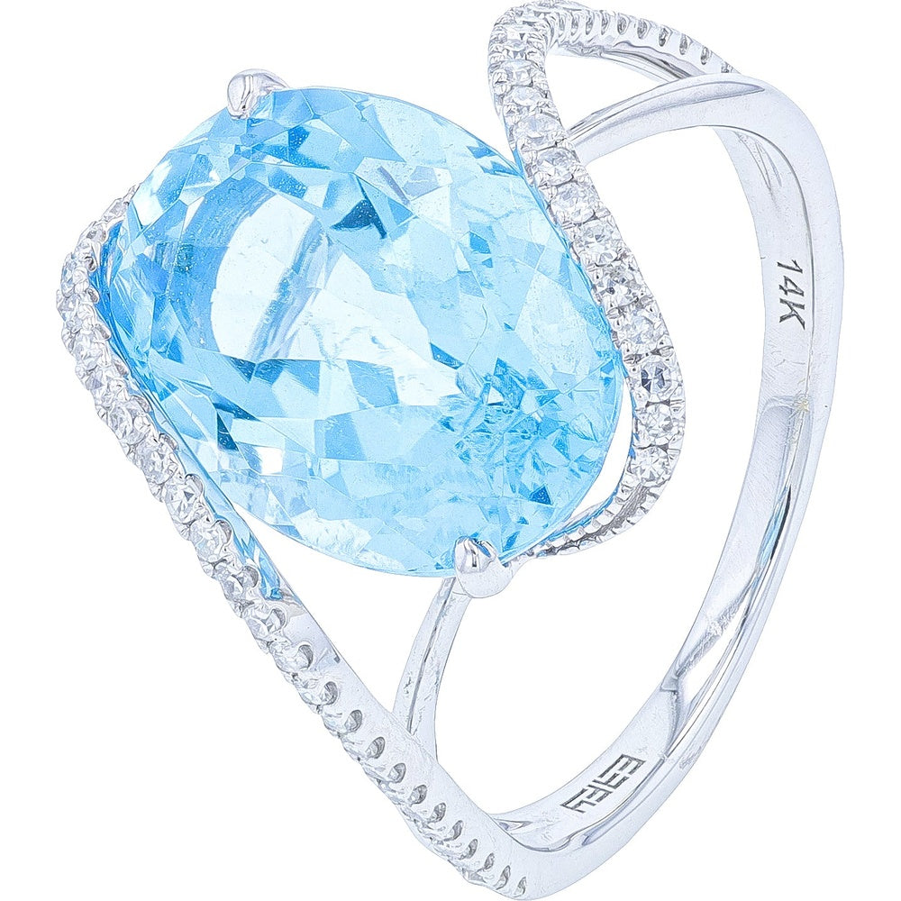 EFFY 14K White Gold Bypass Ring with Pear-Shaped Blue Topaz and Pavé Diamonds - 7.23 Carat Blue Topaz and 0.23 Carat Total Diamond Weight