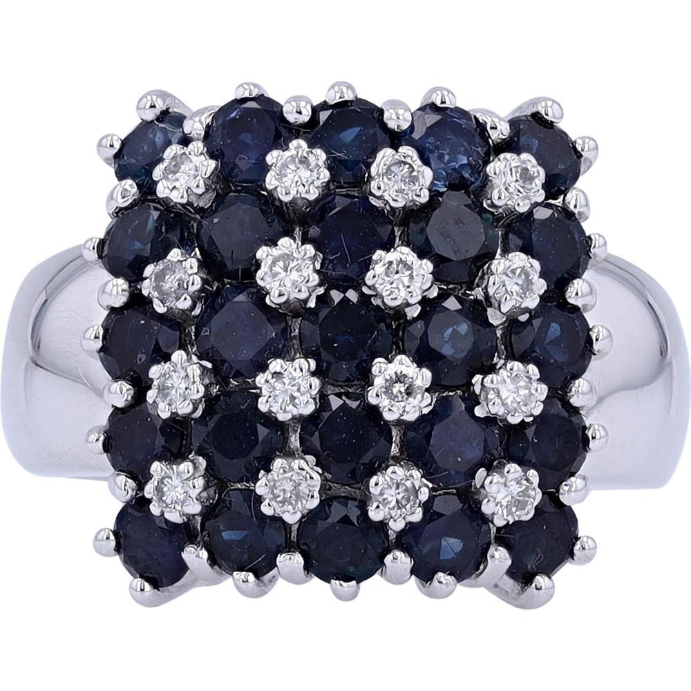 EFFY 14K White Gold Checkerboard Ring with Prong - Set Round Blue Sapphires and Diamond Accents - 3.13 Carat Total Sapphire Weight, 0.24 Carat Total Diamond Weight