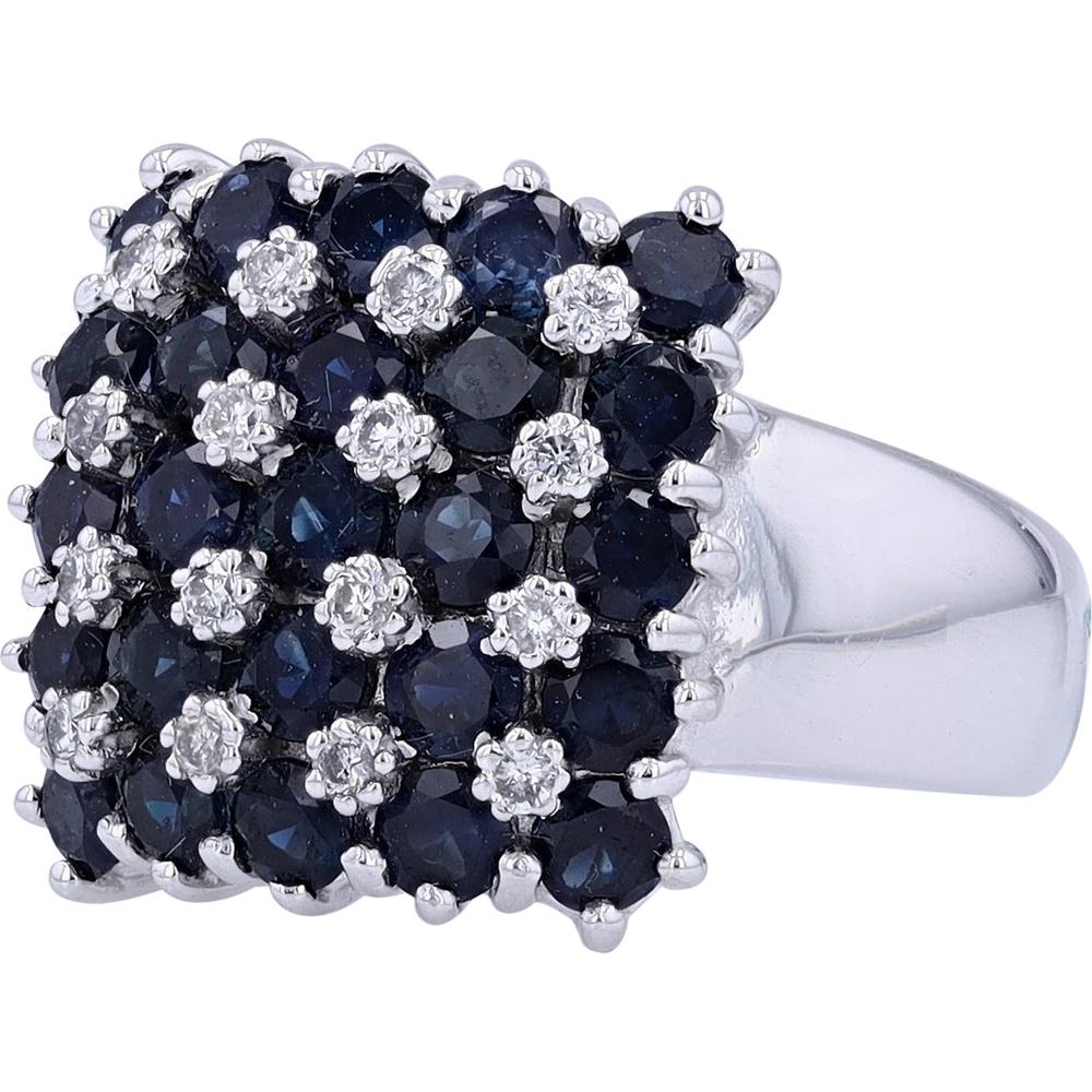 EFFY 14K White Gold Checkerboard Ring with Prong - Set Round Blue Sapphires and Diamond Accents - 3.13 Carat Total Sapphire Weight, 0.24 Carat Total Diamond Weight