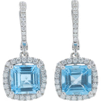 EFFY 14K White Gold Cushion-Cut Swiss Blue Topaz Drop Earrings with Diamond Halo - 4.55 Carat Total Topaz Weight and 0.44 Carat Total Diamond Weight