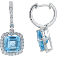 EFFY 14K White Gold Cushion-Cut Swiss Blue Topaz Drop Earrings with Diamond Halo - 4.55 Carat Total Topaz Weight and 0.44 Carat Total Diamond Weight