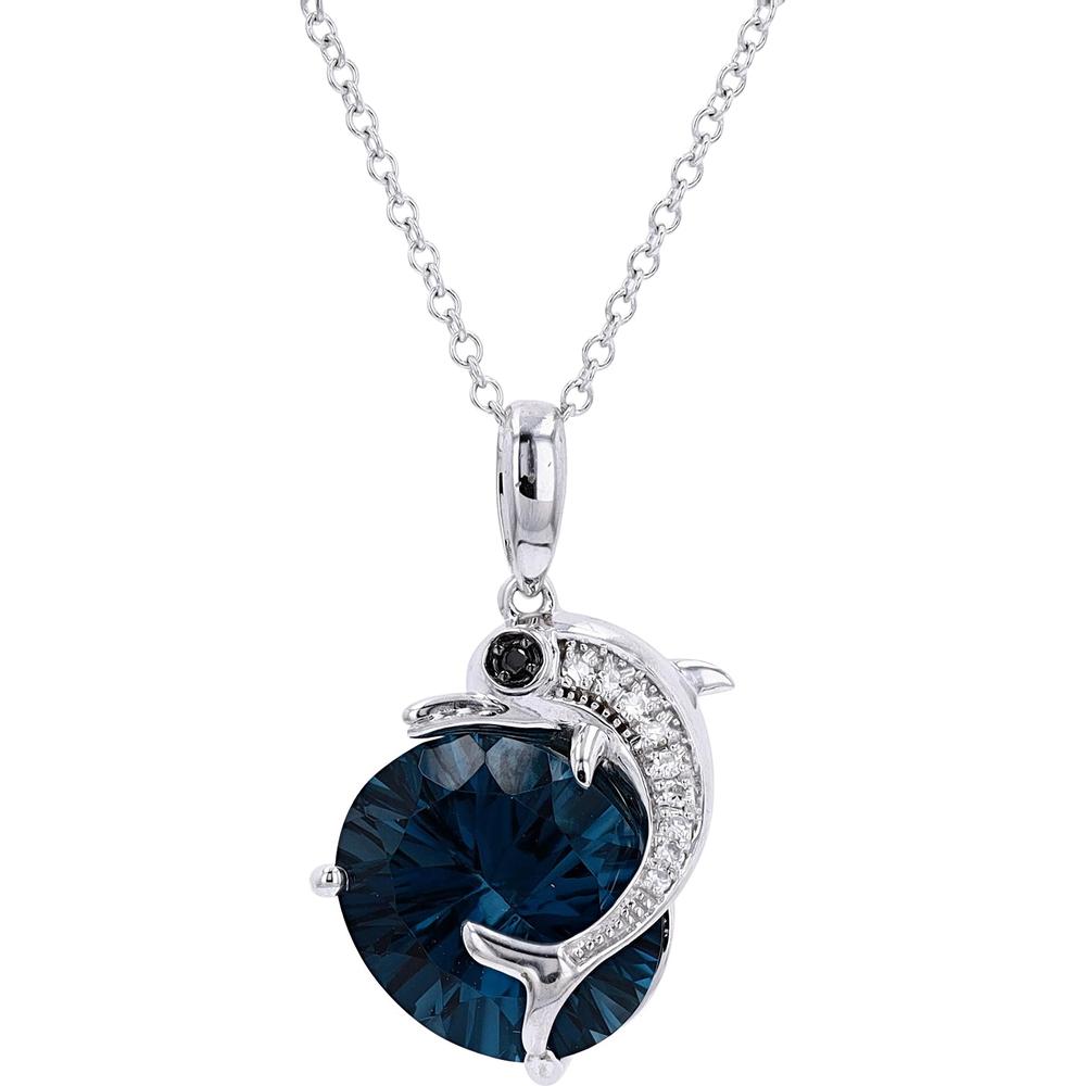 EFFY 14K White Gold Dolphin Pendant Necklace with Prong - Set Round London Blue Topaz and Diamond Accents - 5.27 Carat Total Color Weight, 0.04 Carat Total Diamond Weight
