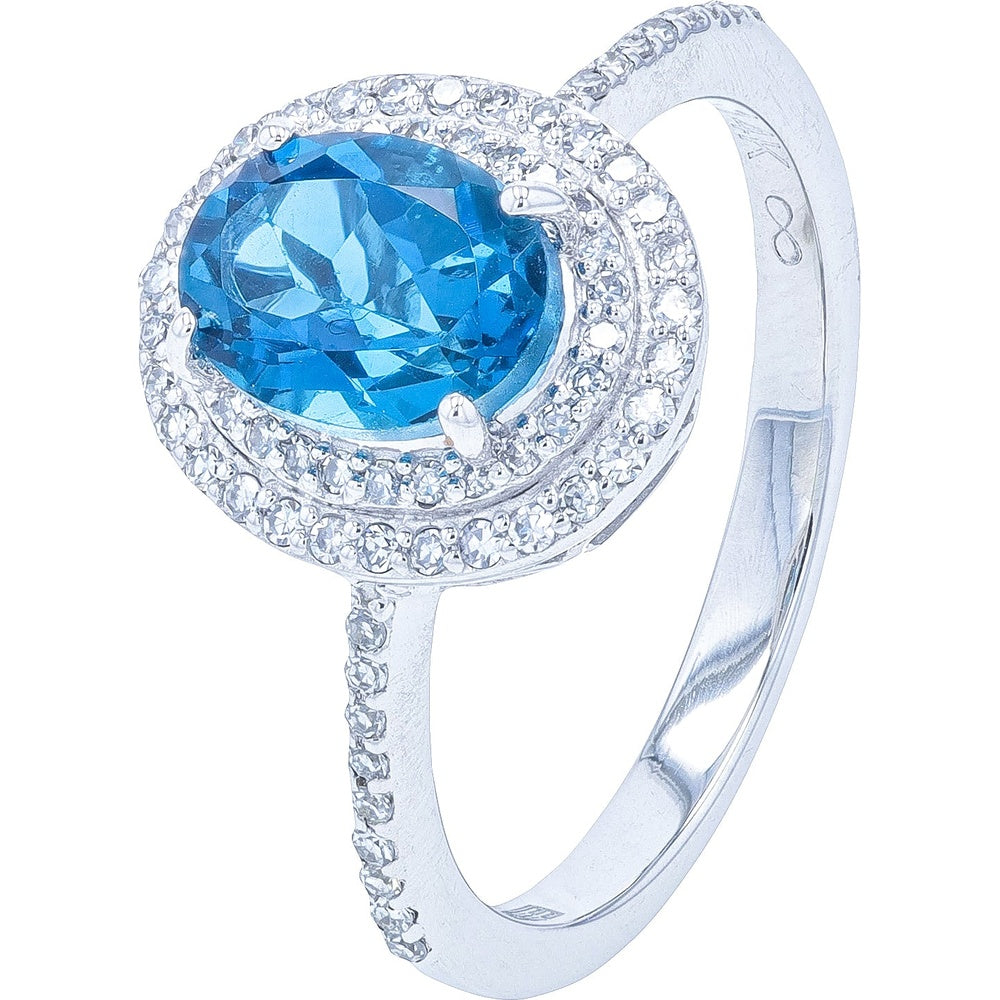 EFFY 14K White Gold Double Halo Ring with Oval London Blue Topaz and Pavé Set Round Diamonds - 1.40 Carat Topaz and 0.26 Carat Total Diamond Weight