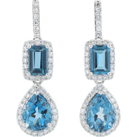 EFFY 14K White Gold Drop Earrings with Emerald-Cut and Pear-Shaped London Blue Topaz and Diamond Halos - 4.50 Carat Total Topaz Weight