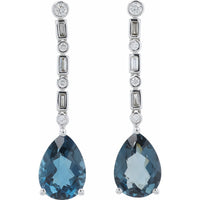 EFFY 14K White Gold Drop Earrings with Pear-Shaped London Blue Topaz and Alternating Round and Baguette Diamonds - 6.00 Carat Total Topaz Weight, 0.24 Carat Total Diamond Weight