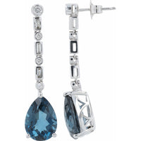 EFFY 14K White Gold Drop Earrings with Pear-Shaped London Blue Topaz and Alternating Round and Baguette Diamonds - 6.00 Carat Total Topaz Weight, 0.24 Carat Total Diamond Weight