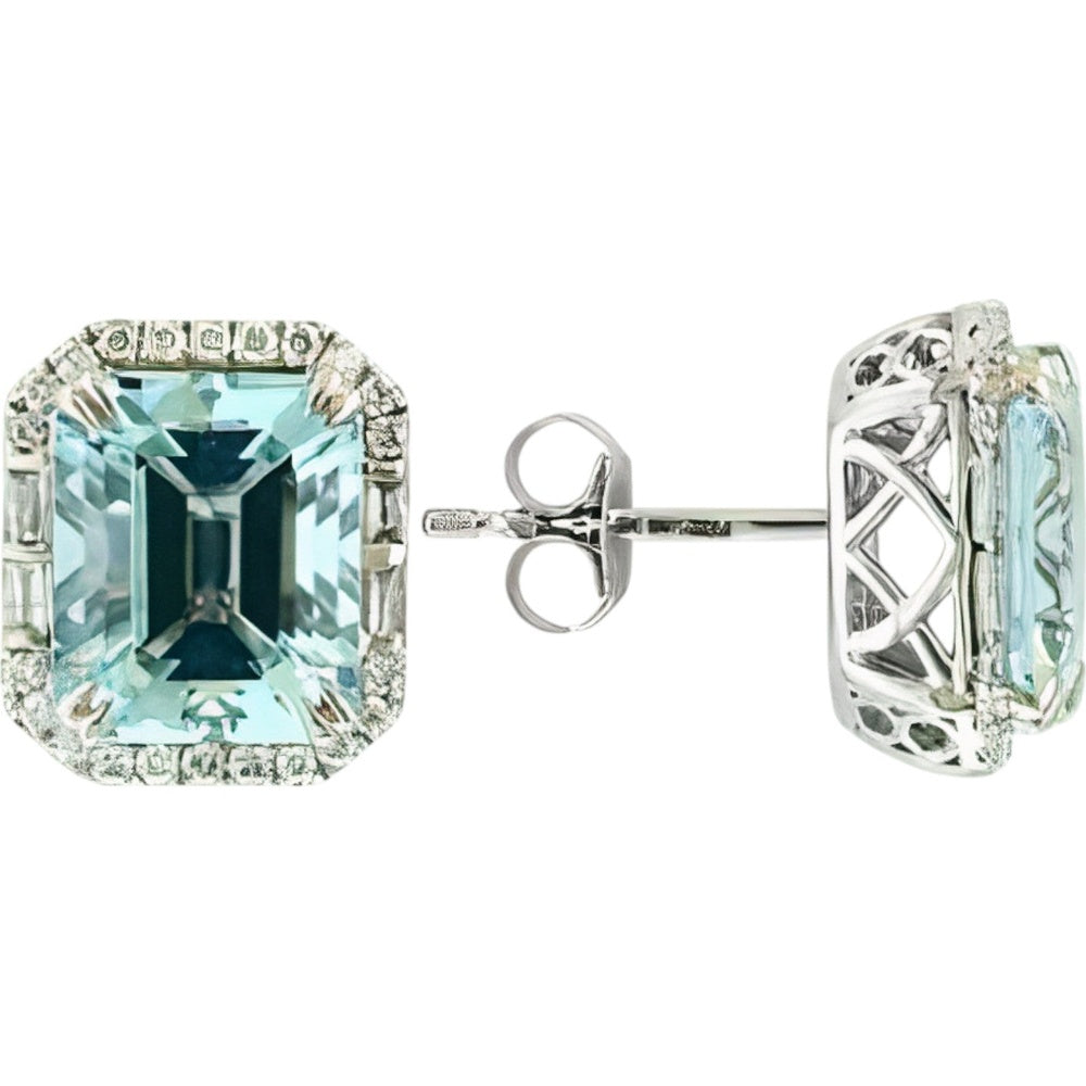 EFFY 14K White Gold Emerald-Cut Aquamarine Stud Earrings with Diamond Halo - 5.80 Carat Total Aquamarine Weight and 0.30 Carat Total Diamond Weight